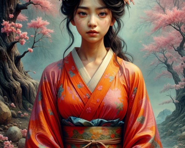 Young Woman in Floral Kimono Among Cherry Blossoms