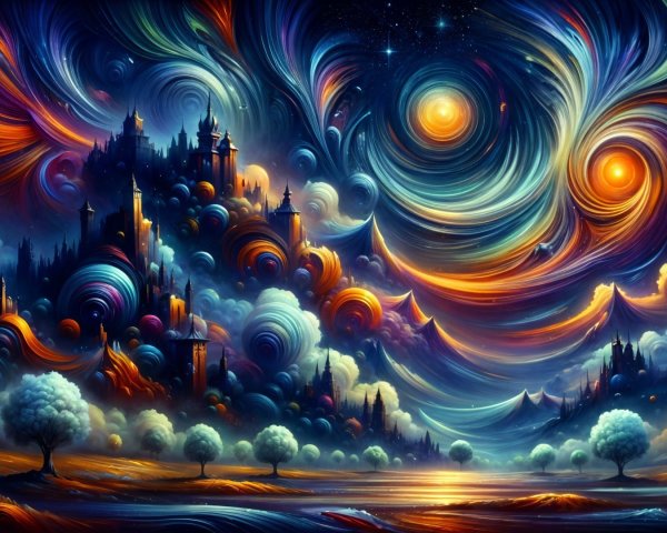 Vibrant Dreamlike Landscape with Cosmic Patterns