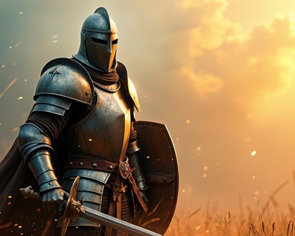 Knight in Armor in Sunset Field with Dramatic Sky