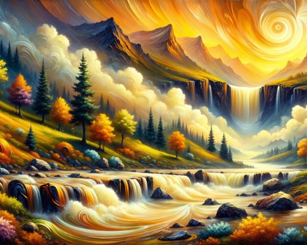 Cascading Waterfall in a Vibrant Autumn Landscape