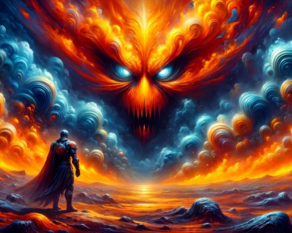 Lone Figure in Dramatic Fiery Landscape with Menacing Sky