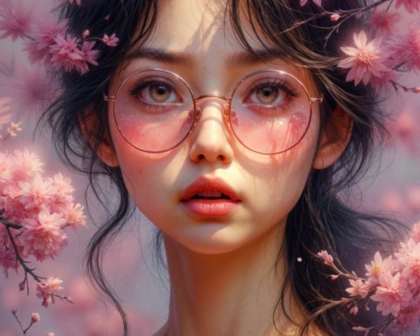 Young woman in cherry blossoms with pink sunglasses