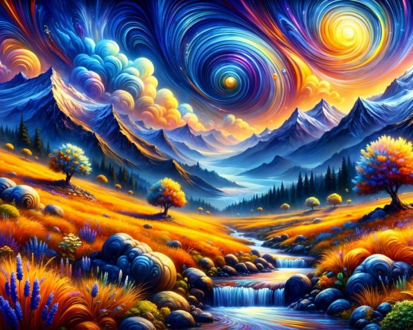 Vibrant Landscape with Mountains and Starry Sky