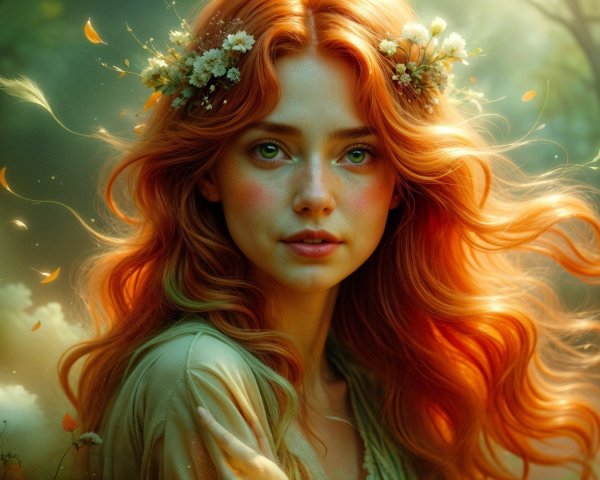 Young woman with red hair in an ethereal forest scene