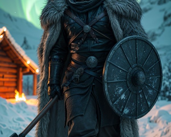 Rugged warrior in ornate armor in snowy landscape