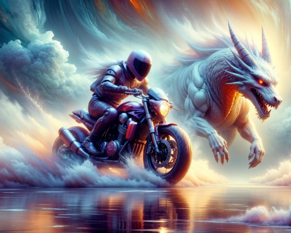 Futuristic Biker and Dragon in Ethereal Landscape