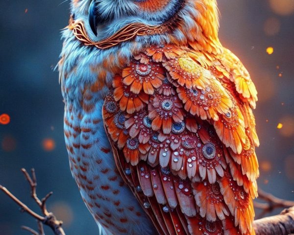 Vibrant Owl with Floral Feathers on a Branch
