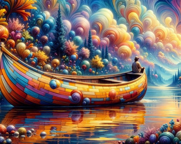 Colorful Boat on Reflective River with Dreamy Landscape