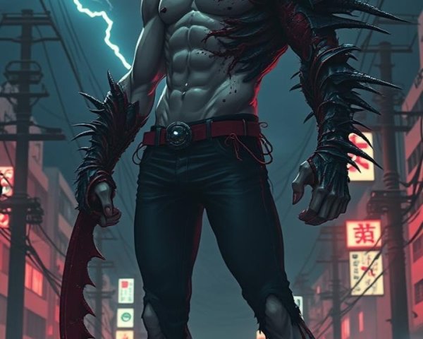 Muscular Figure in Gothic Setting Under Blood-Red Moon