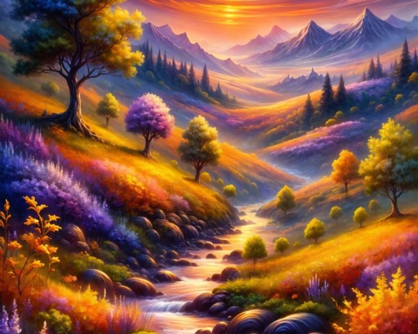 Vibrant Sunset Over Lush Valley and Majestic Mountains