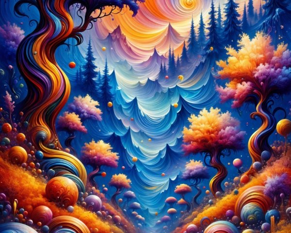 Vibrant Abstract Landscape with Colorful Trees and River