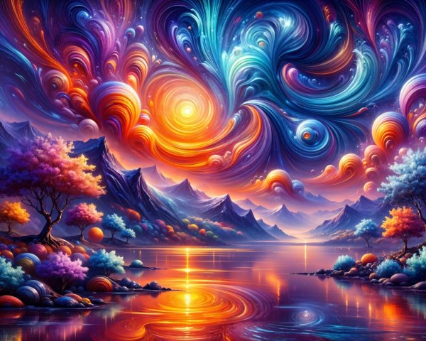 Vibrant Landscape with Colorful Sky and Tranquil Lake