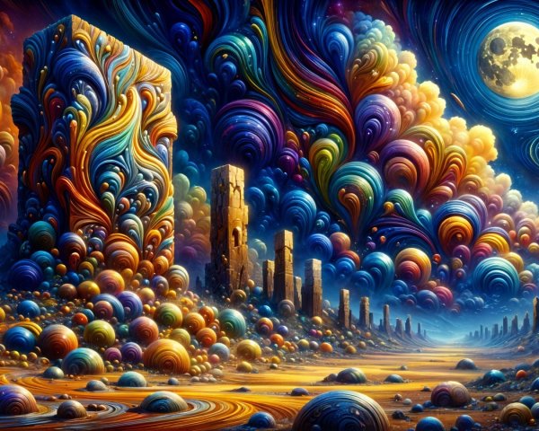 Surreal landscape with vibrant colors and abstract forms