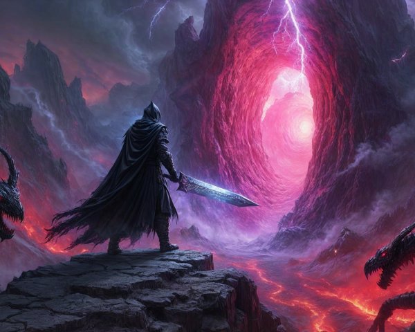 Dark Landscape with Cloaked Figure and Portal