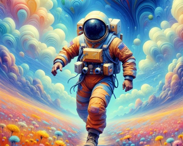 Astronaut in Orange Suit in Whimsical Landscape