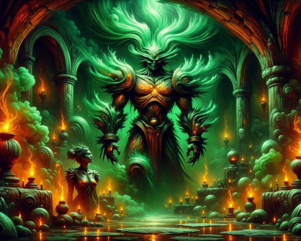 Mystical Chamber with Towering Spirit and Elegant Figure