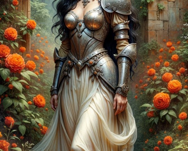 Regal warrior in silver armor in enchanting garden