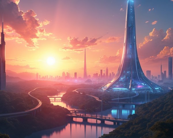 Futuristic cityscape at sunset with vibrant colors