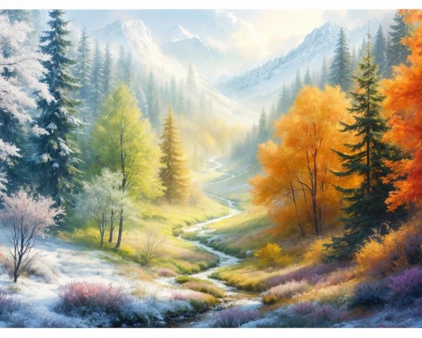 Seasonal Landscape with Mountains and Vibrant Foliage