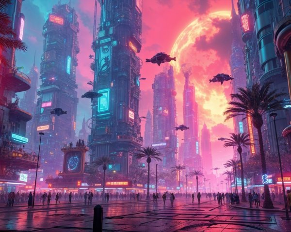Vibrant Cyberpunk Cityscape at Twilight with Neon Lights