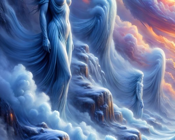 Ethereal Figure Amidst Clouds and Waves in Vibrant Scene