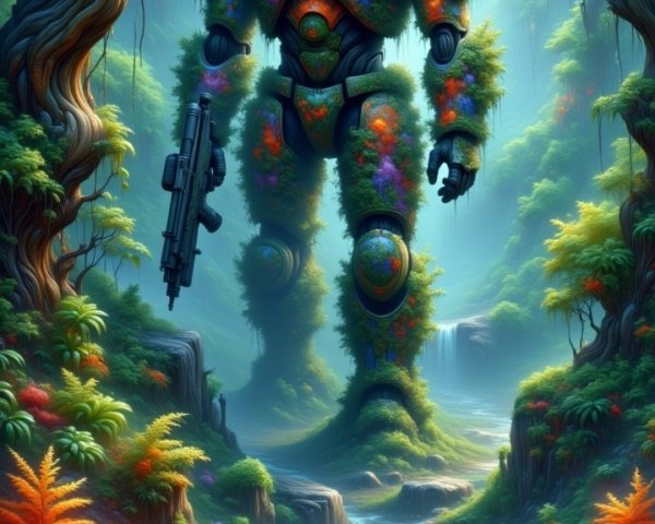 Robotic Figure Surrounded by Nature in Vibrant Forest