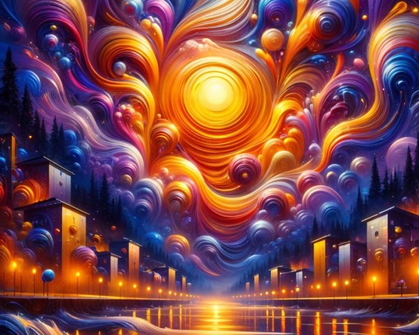 Vibrant Cosmic Scene with Luminous Sun and Reflections