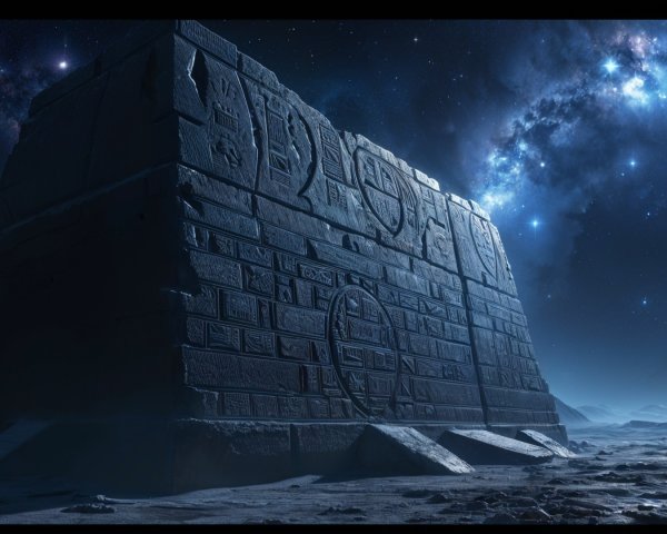 Ancient Stone Structure Under Starry Sky with Symbols