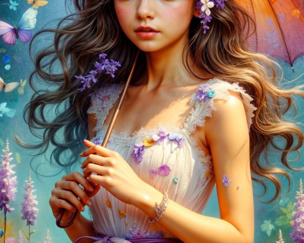 Young woman under ornate umbrella in blooming garden