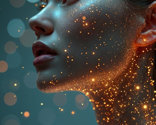 Close-up of a serene young woman with golden sparkles