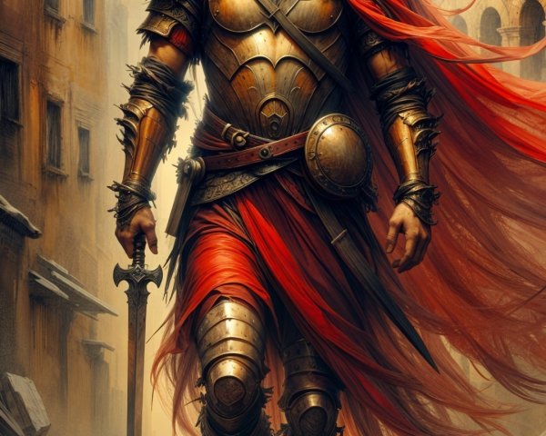 Hooded Warrior in Ancient Roman Street Setting