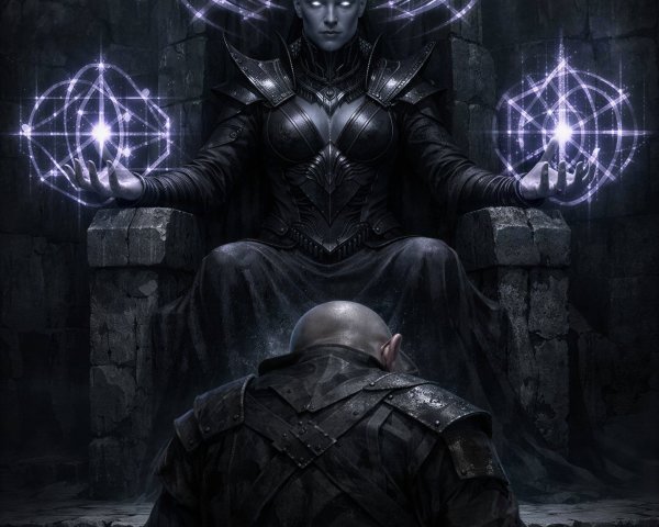 Bald Sorceress in Black Dress on Stone Throne