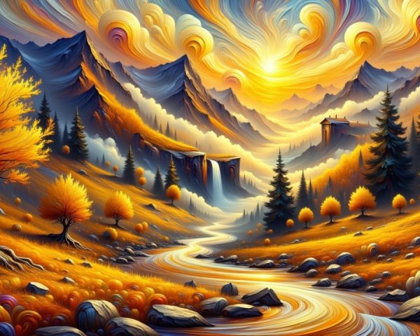 Vibrant Autumn Landscape with Mountains and River