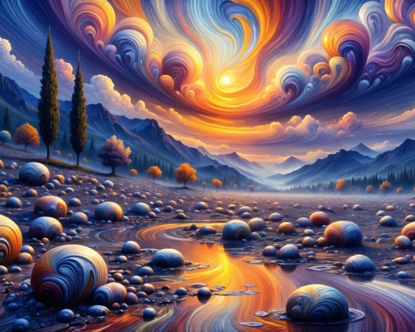 Surreal Landscape with Colorful Clouds and Mountains