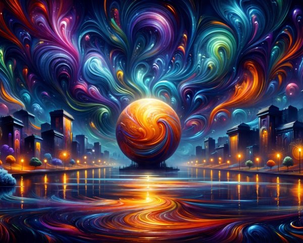 Abstract Cityscape Under Cosmic Sky with Vibrant Colors
