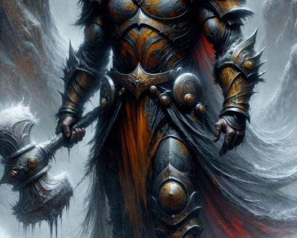Warrior in Weathered Armor in Frozen Landscape