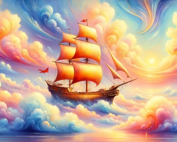 Majestic ship with orange sails in vibrant sky