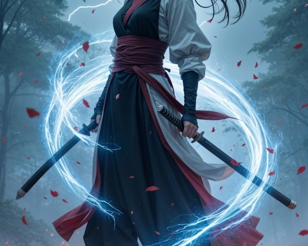 Warrior in Mystical Forest with Dual Swords and Energy
