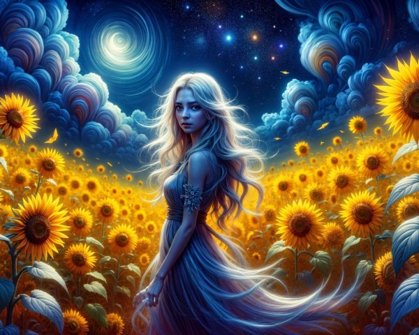 Young Woman in Sunflower Field Under Starry Sky