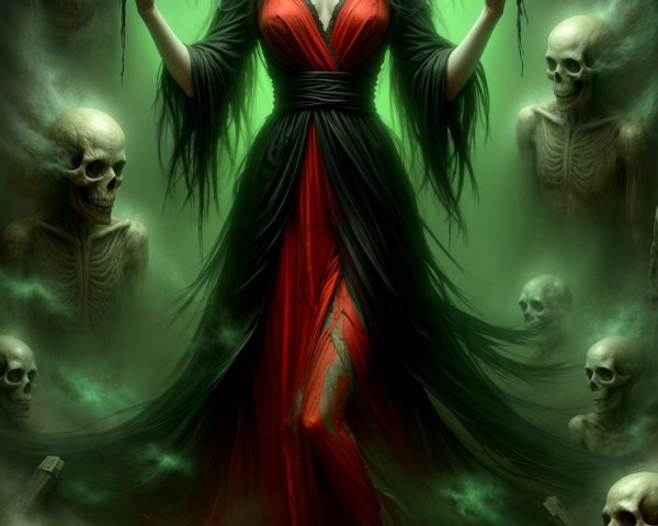Mysterious Figure in Red Gown Surrounded by Skeletal Figures