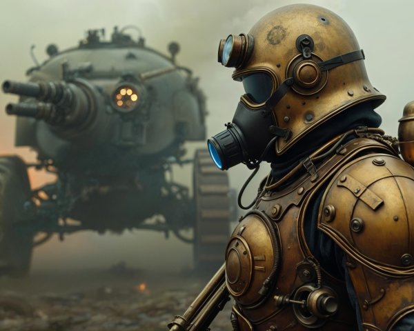 Steampunk Soldier in Post-Apocalyptic Landscape