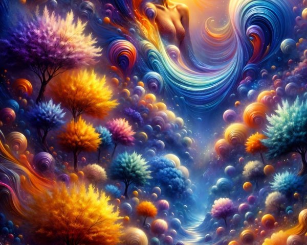 Surreal Landscape with Colorful Trees and Luminous Figure