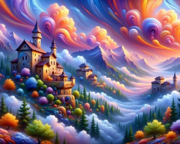 Vibrant Fantastical Landscape with Whimsical Castles