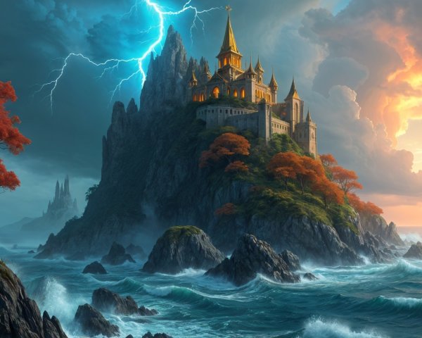 Castle on Cliff with Autumn Trees and Stormy Sky