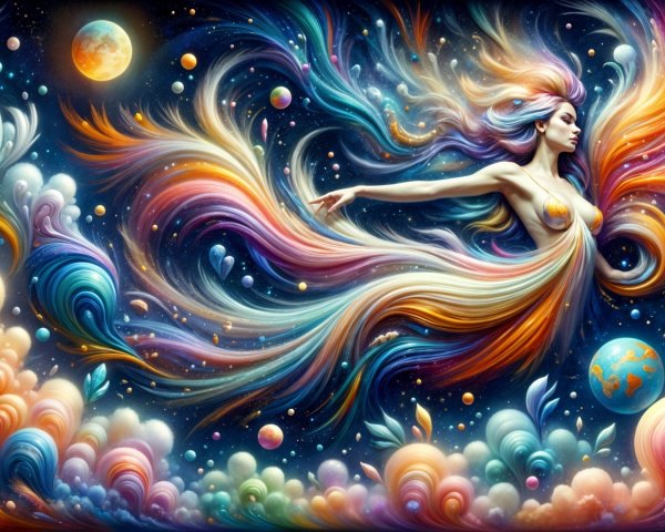 Vibrant Cosmic Scene with Ethereal Figure and Galaxy
