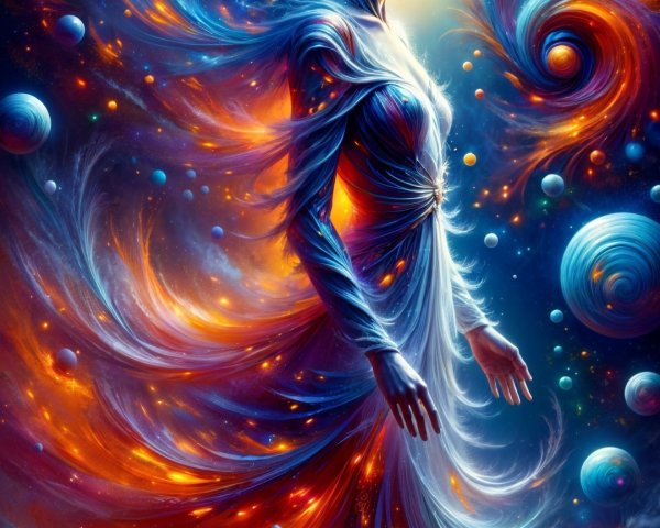 Celestial Figure in Vibrant Cosmic Backdrop