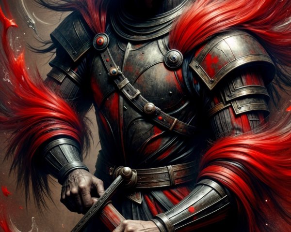 Fierce warrior in dark armor with crimson accents