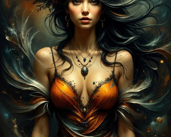 Elegant woman in vibrant floral headdress and gown