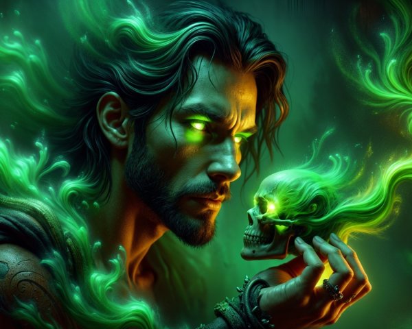 Mysterious Man with Dark Hair and Glowing Green Eyes