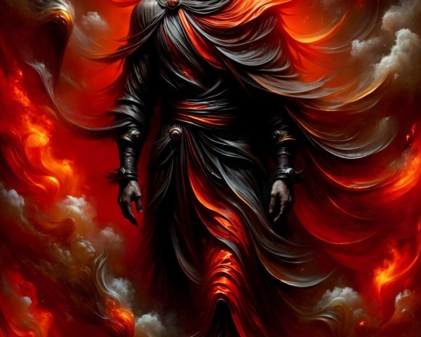 Fiery Figure in Dark Garments with Intense Aura